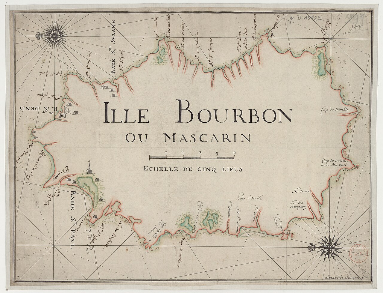 Ille Bourbon ou Mascarin. Echelle de cinq lieus (=Om. 129 ; 1 215 000 env) Alexandre Maupin fecit